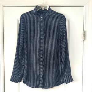 BANANA REPUBLIC - Blue Stripe Ruffle Long Sleeve Button Blouse